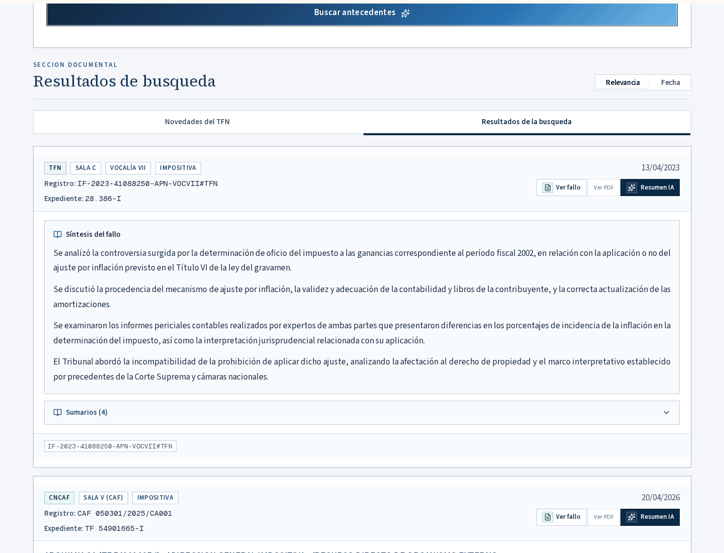 Listado de resultados de búsqueda con acciones y ordenamiento